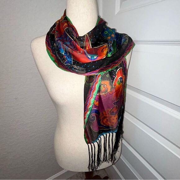 Laurel Burch Accessories - Laurel Burch Dogs & Doggies Print Silk Fringe Scarf